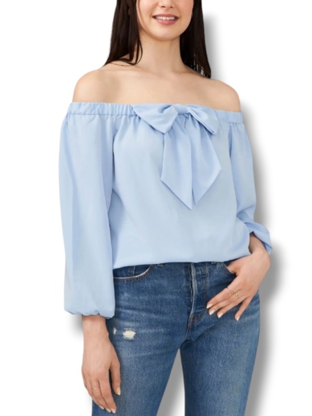 Riley & Rae Women’s Off the Shoulder Baby Blue Long Sleeve Top Big Bow Lolita